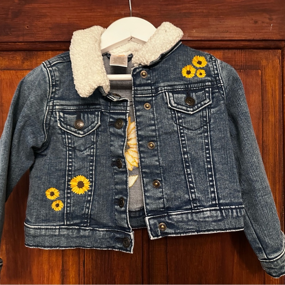 Gymboree Blue and Yellow Jean Jacket with Sunflower Embellishments